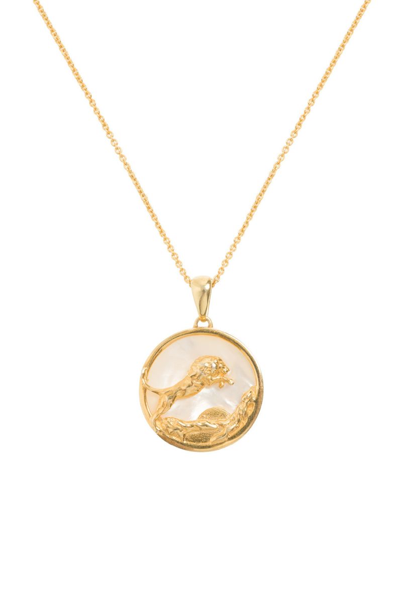 Gold plated LEO zodiac necklace by Freya Rose featuring a delicate pendant with engraved zodiac symbol on a fine chain.