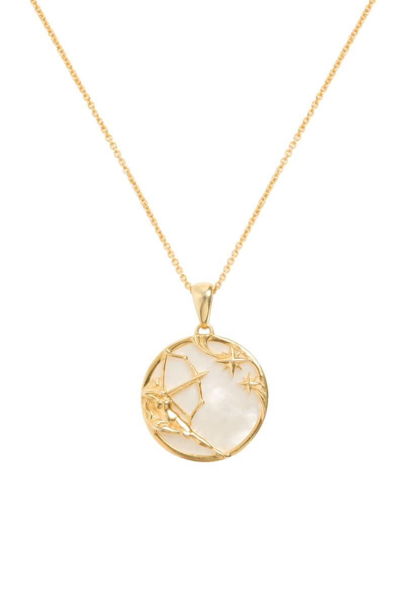 Gold plated Sagittarius zodiac necklace by Freya Rose featuring a pendant with the Sagittarius symbol on a chain.
