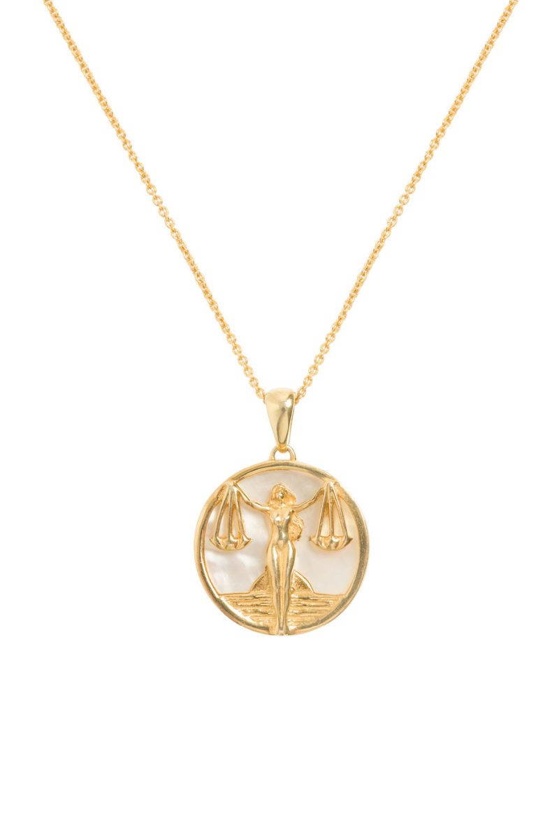 Libra zodiac necklace by Freya Rose featuring 18ct gold plated pendant on a delicate chain.