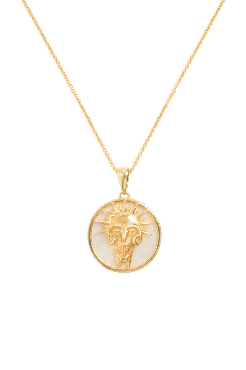 Aries zodiac necklace by Freya Rose featuring 18ct gold-plated pendant with Aries symbol, on a delicate chain.