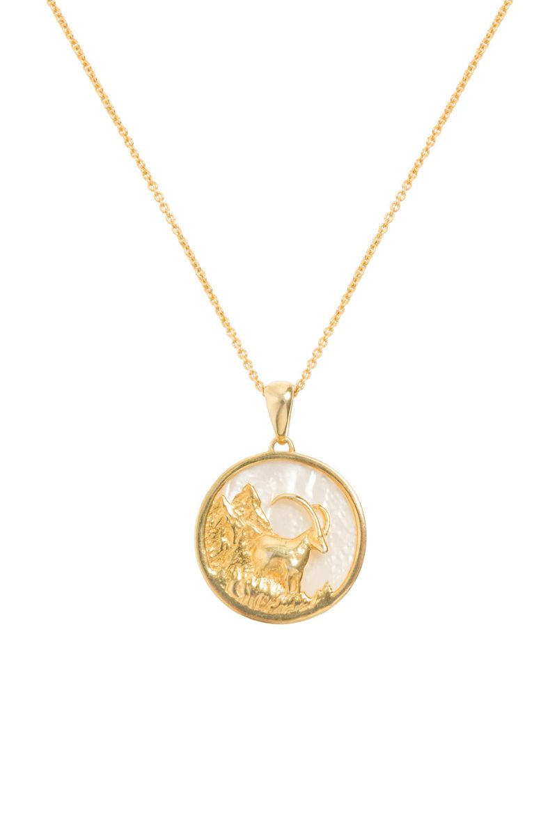 Gold-plated Capricorn zodiac necklace by Freya Rose featuring a detailed Capricorn pendant on a delicate chain.