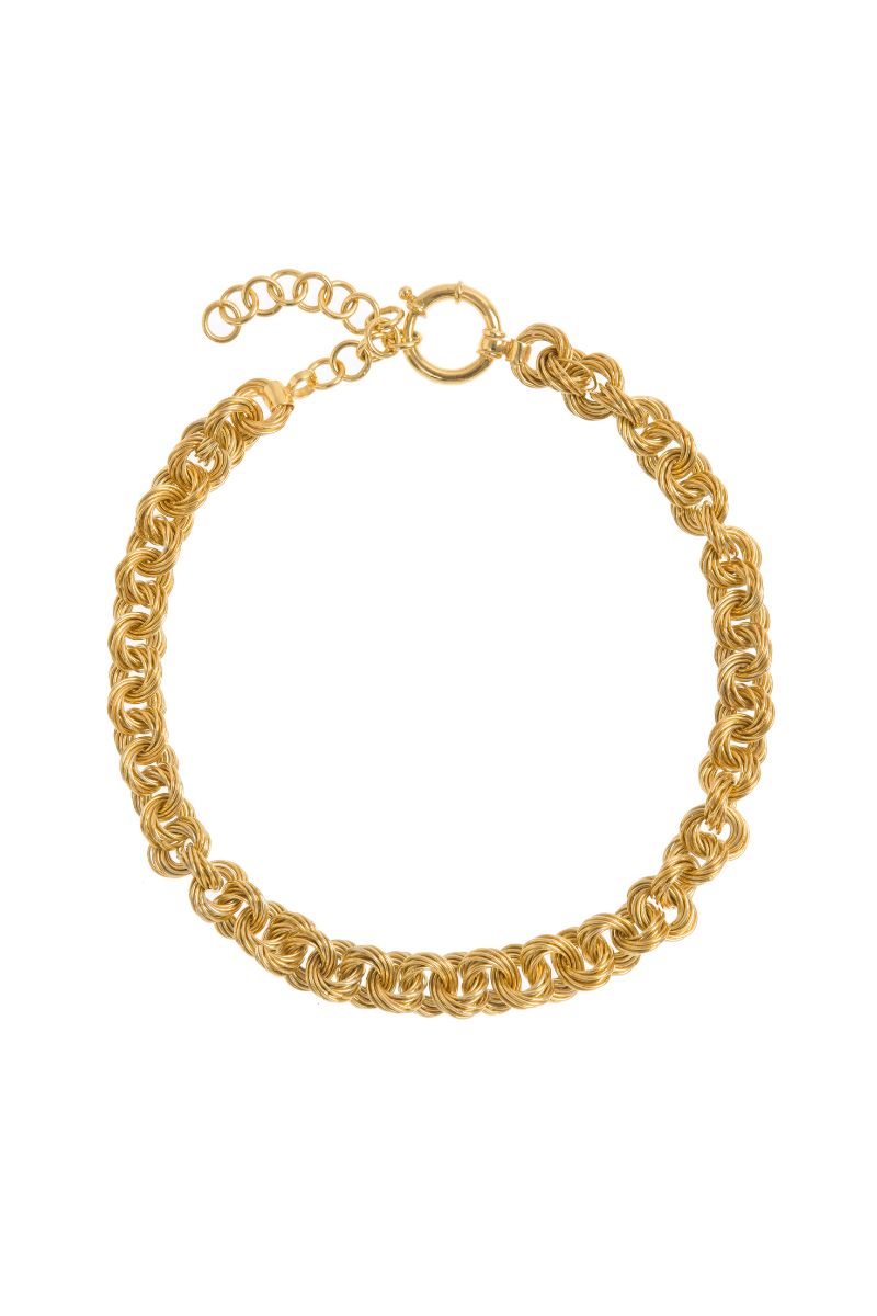 Gold Sumba circular necklace by Freya Rose featuring a stylish, modern design with a smooth, polished finish.