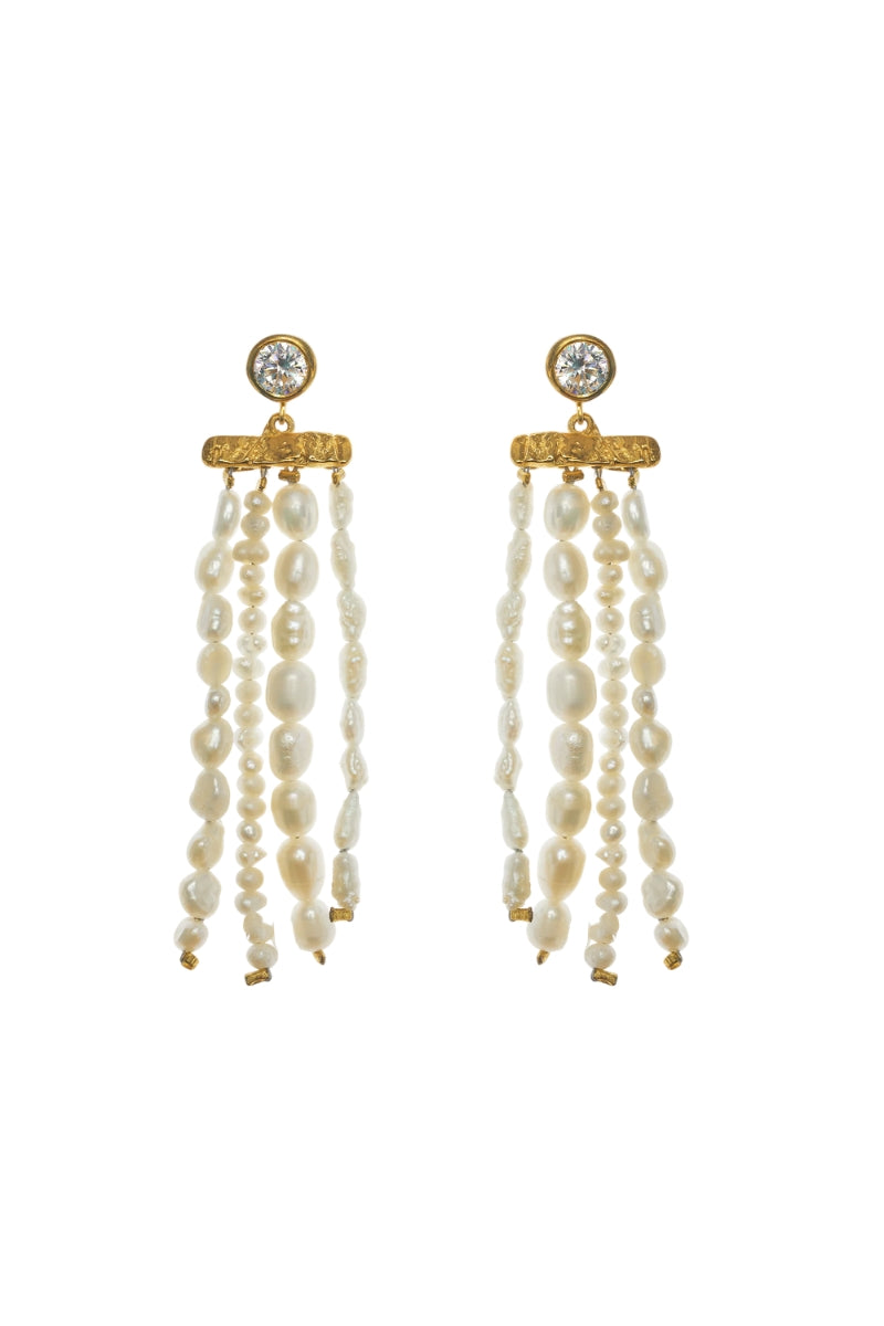 LAVANI JEWELS Cyra Fringe Earrings with white pearls and gold-tone fringe design, hanging from delicate hooks.
