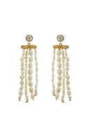 Lavani Jewels Cyra Fringe earrings with white pearls and gold-tone fringe design, showcasing elegant dangle jewelry.