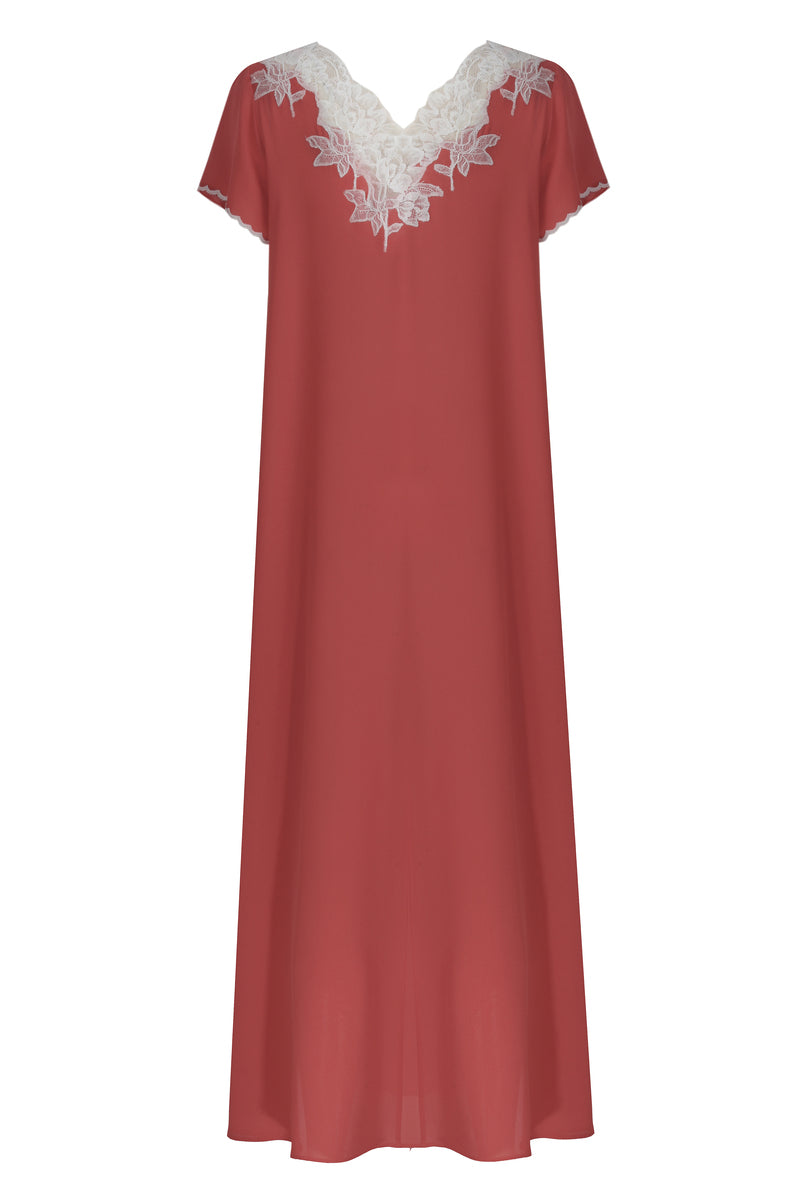 Coral silk crepe nightgown with half-sleeves by Bocan Couture, featuring a flowing, elegant design.