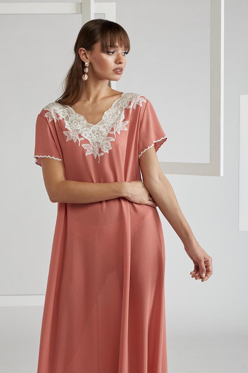 Coral silk crepe nightgown with half sleeves by Bocan Couture, featuring a flowing, elegant design for comfortable sleepwear.