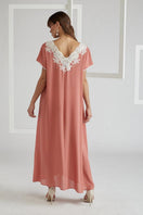 Coral silk crepe nightgown with half sleeves by Bocan Couture, featuring a flowing, elegant design and soft fabric.