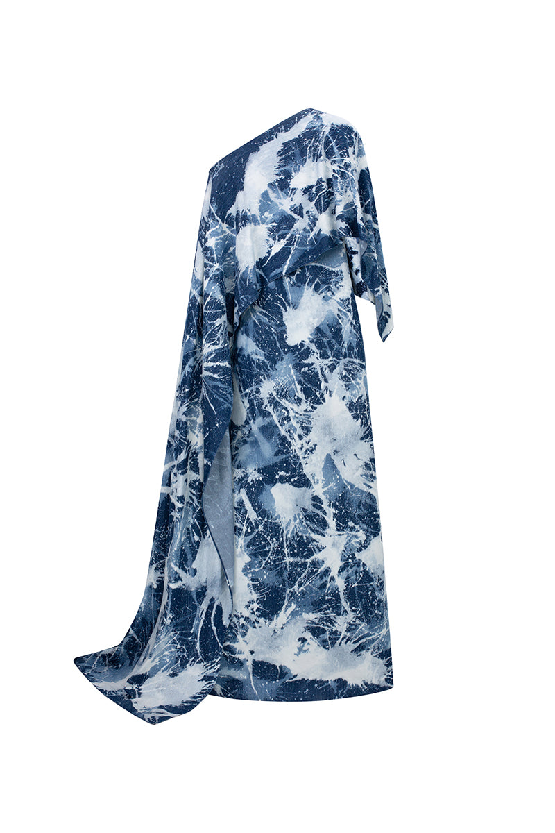 Elegant off-shoulder gown from GVLUX Water Works collection, featuring flowing fabric and stylish design.
