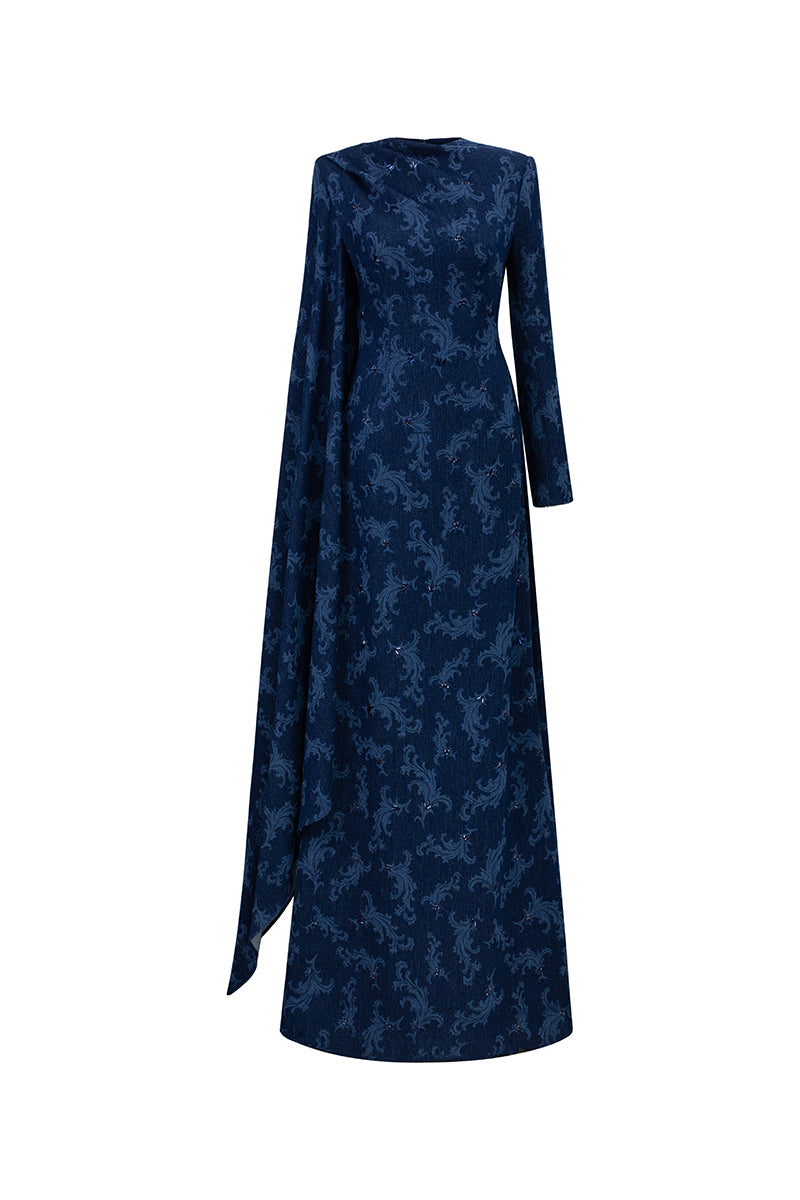 Navy embroidered cape shoulder gown by GVLUX featuring intricate embroidery and elegant design, perfect for formal occasions.