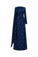 Navy embroidered cape shoulder gown by GVLUX featuring intricate embroidery and elegant design, perfect for formal occasions.