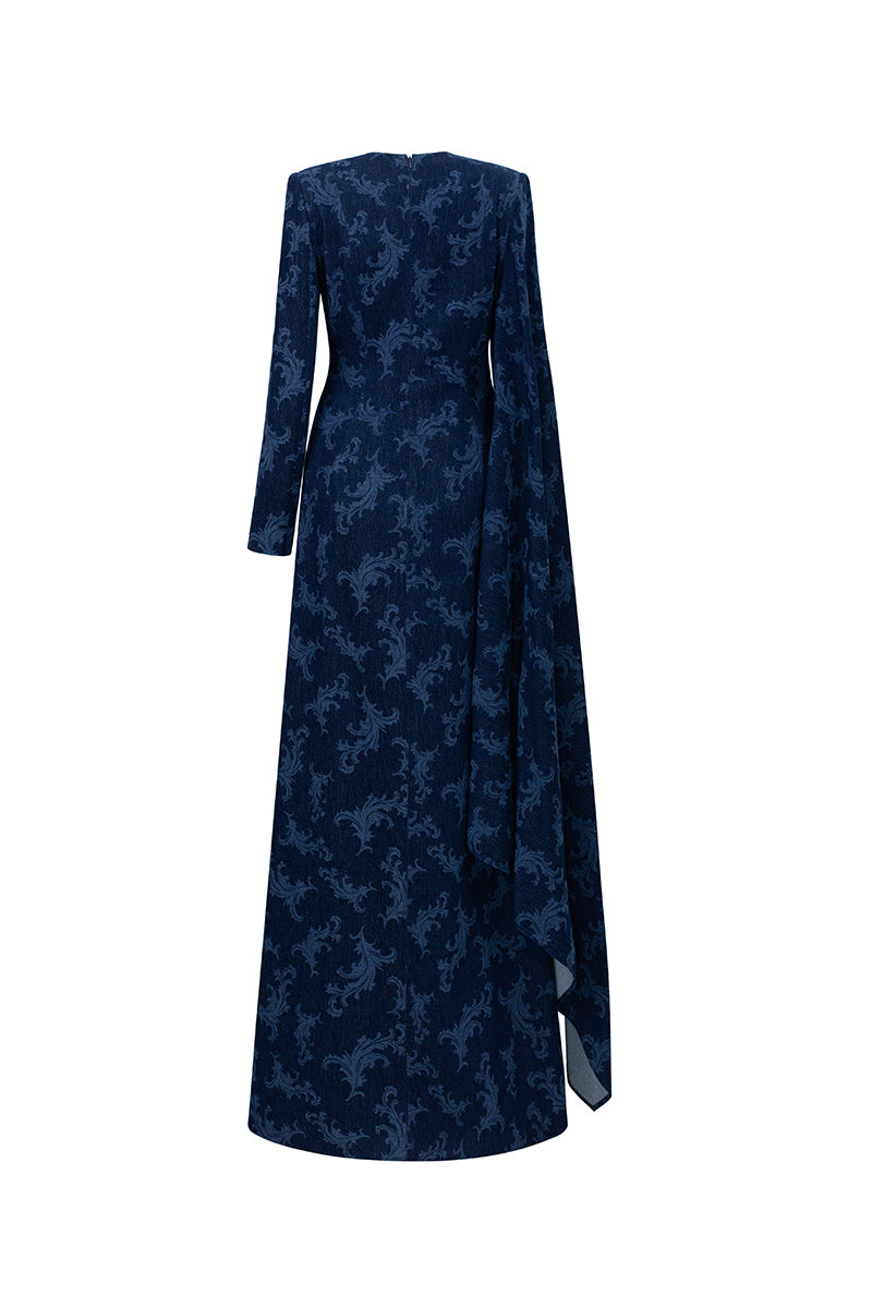 Navy embroidered cape shoulder gown by GVLUX featuring intricate embroidery and elegant design, perfect for formal occasions.