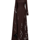 Elegant deep tone embroidered gown by GVLUX featuring intricate embroidery and flowing fabric, perfect for formal occasions.