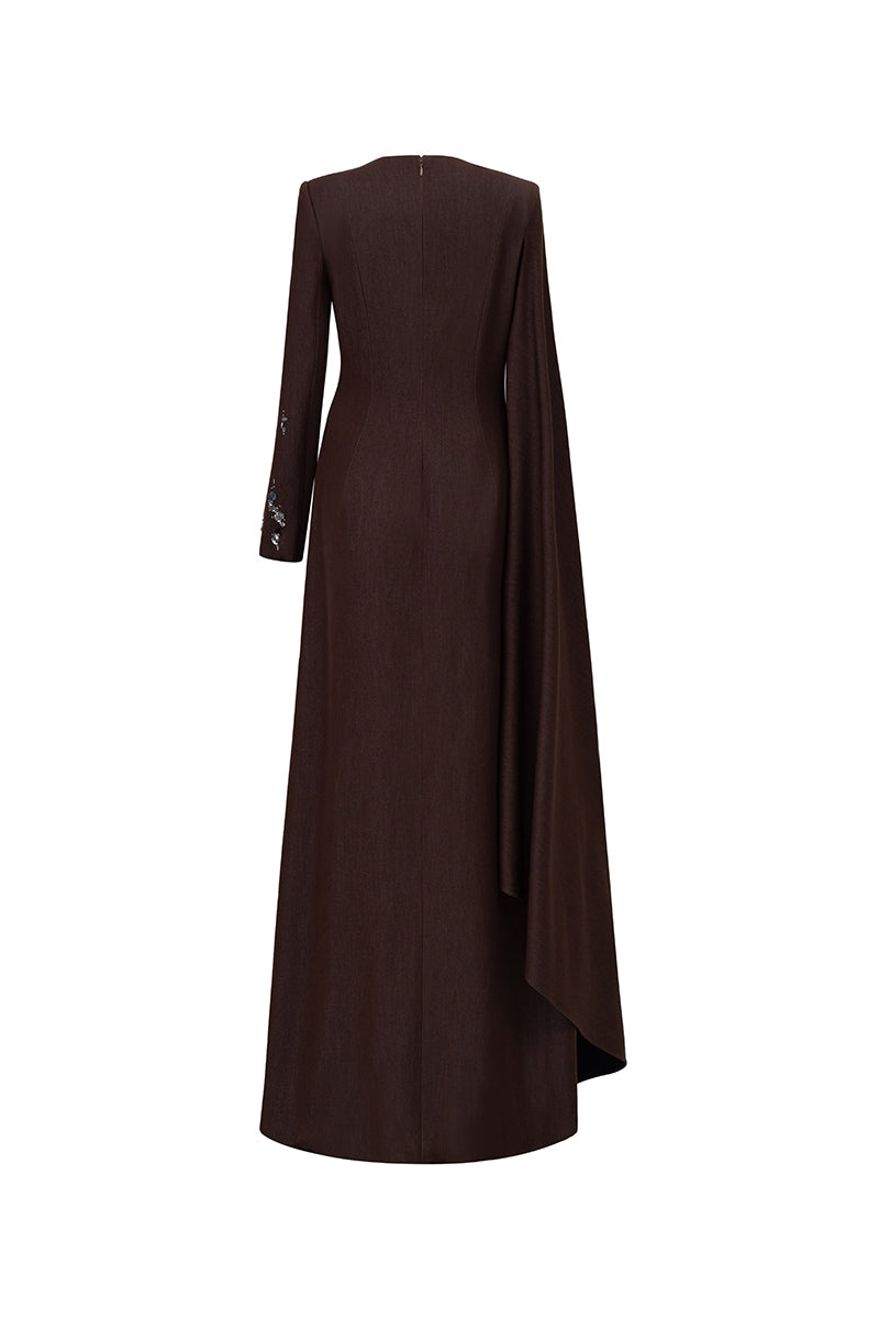 Elegant ELODIE deep tone embroidered gown by GVLUX, featuring intricate embroidery and flowing fabric on a full-length dress.