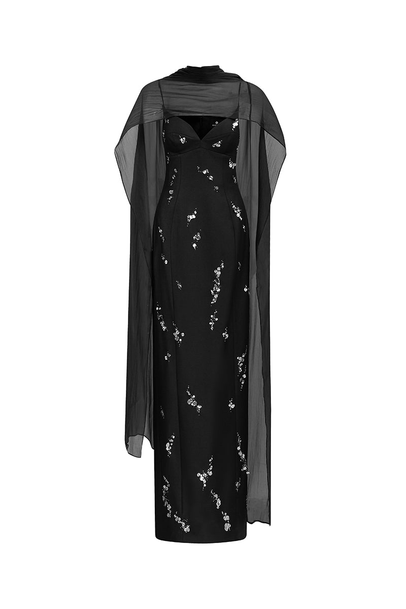 Elegant black cape neck column gown by GVLUX, featuring a sleek silhouette and sophisticated design.