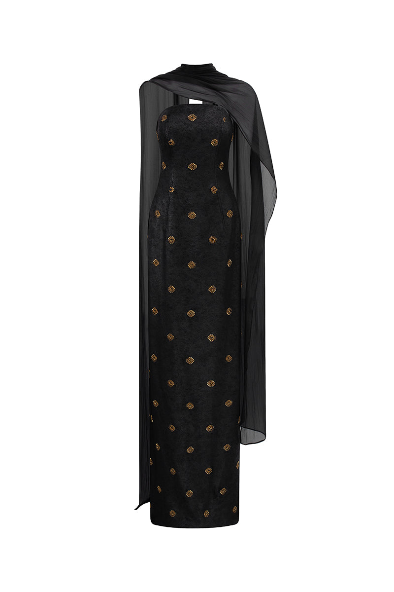 Black cape neck sweetheart gown by GVLUX featuring a flowing silhouette and elegant design, perfect for formal occasions.