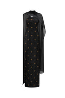 Black cape neck sweetheart gown by GVLUX featuring a flowing silhouette and elegant design, perfect for formal occasions.