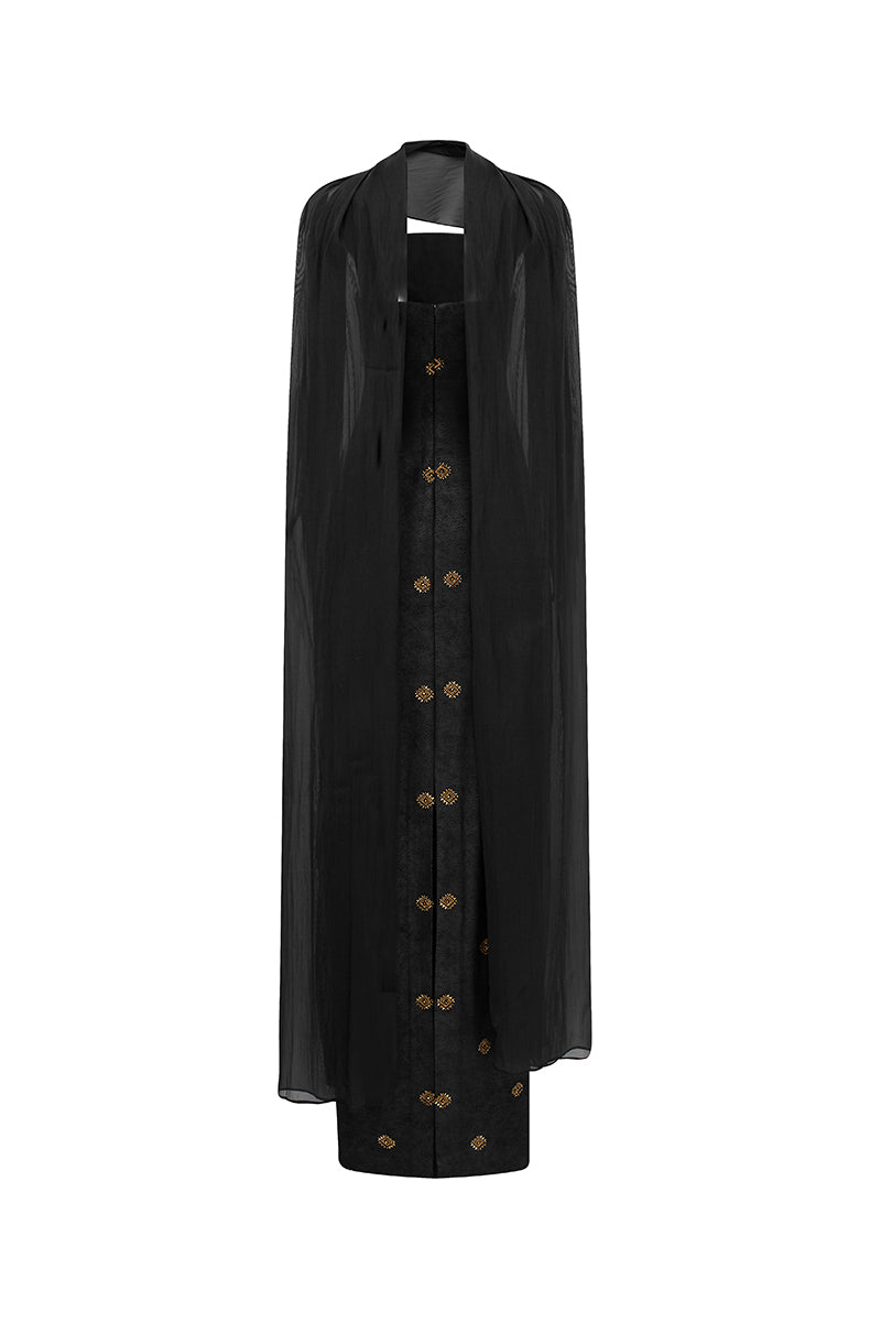 Black cape neckline sweetheart gown by GVLUX, featuring a flowing silhouette and elegant design, perfect for formal occasions.