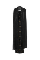 Black cape neckline sweetheart gown by GVLUX, featuring a flowing silhouette and elegant design, perfect for formal occasions.