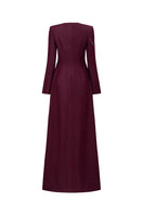 Long sleeve ox embroidered gown by GVLUX featuring intricate embroidery and elegant design, perfect for formal occasions.