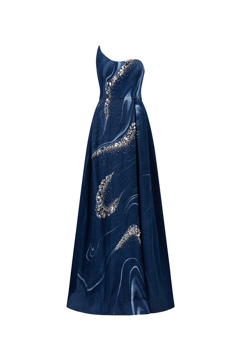 Watercolor embroidery one-shoulder gown by GVLUX featuring intricate floral designs and flowing fabric.