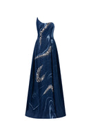 Watercolor embroidery one-shoulder gown by GVLUX featuring intricate floral designs and flowing fabric.