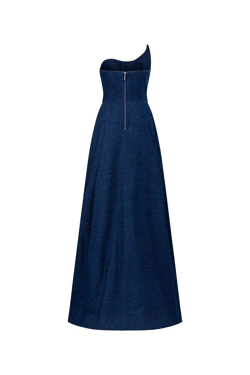 Elegant watercolor embroidery one-shoulder gown by GVLUX, featuring intricate floral details and flowing fabric.
