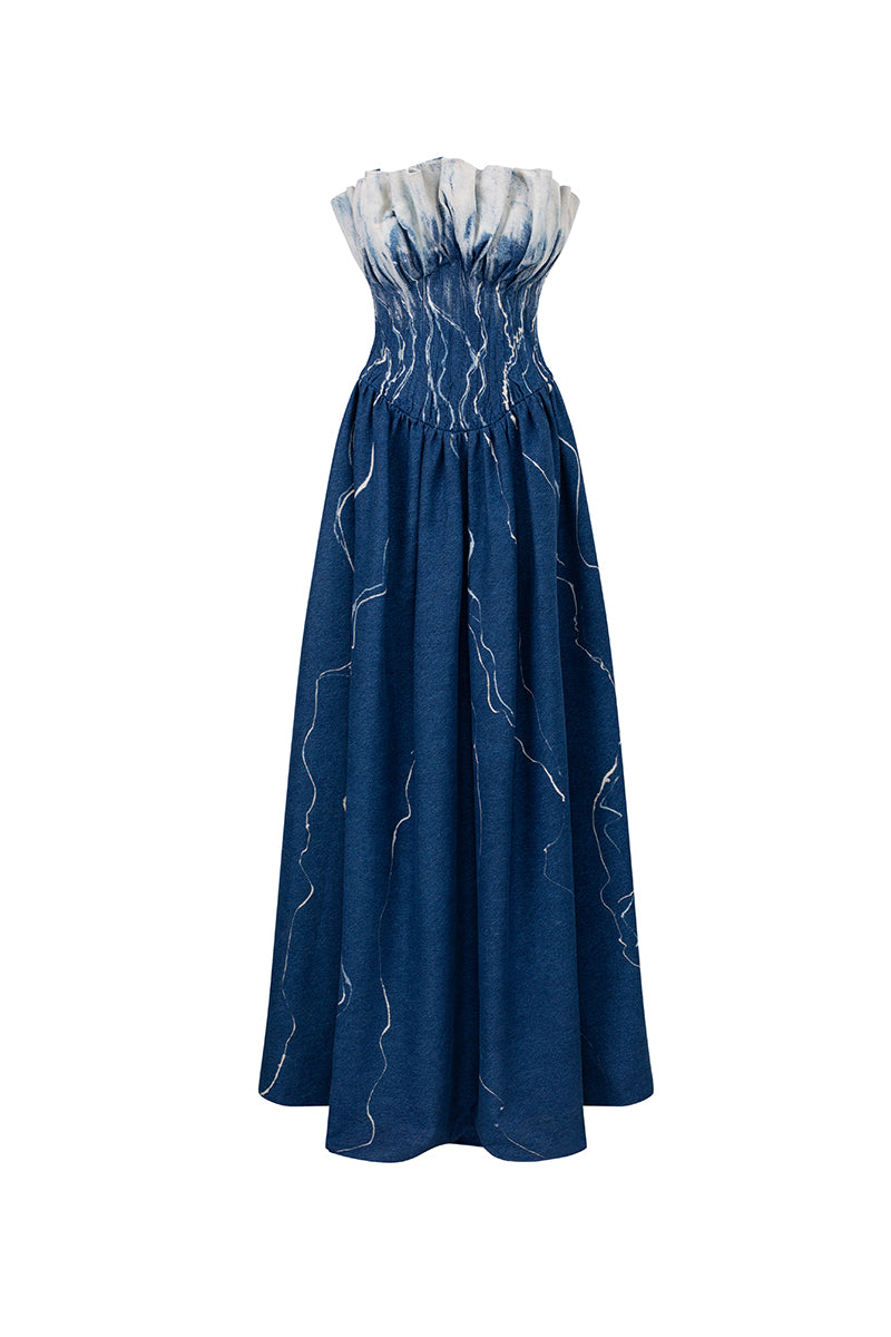 Elegant black strapless gown by GVLUX, featuring a flowing silhouette and intricate detailing, perfect for formal events.