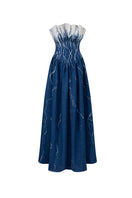 Elegant black strapless gown by GVLUX, featuring a flowing silhouette and intricate detailing, perfect for formal events.