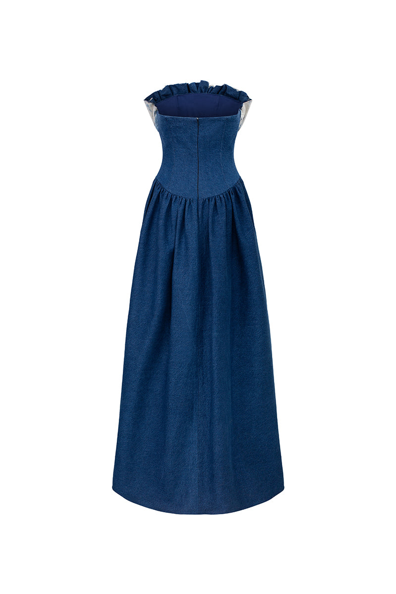 Elegant black strapless gown by GVLUX, featuring a flowing silhouette and intricate detailing, suitable for formal occasions.