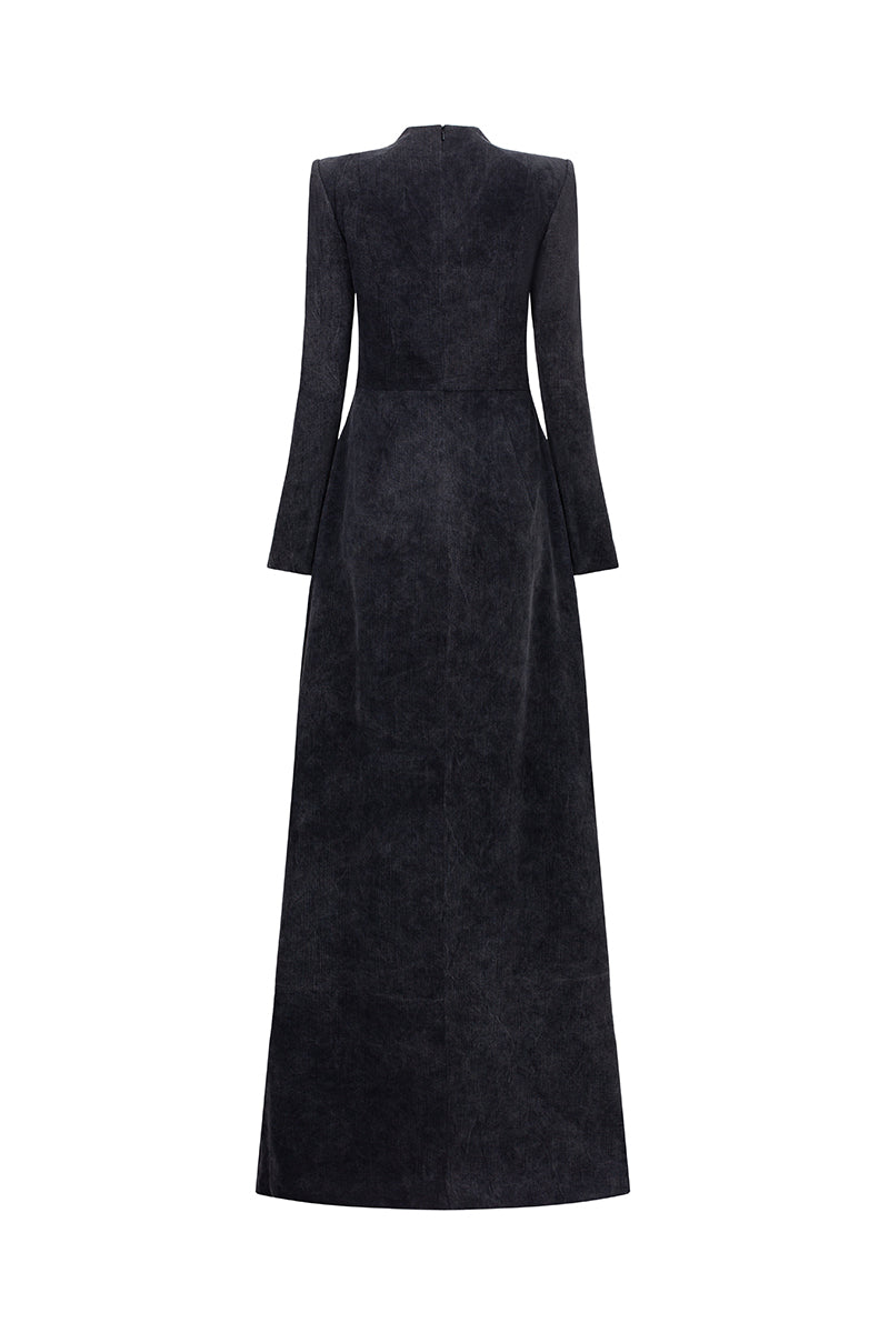 GVLUX midnight fireworks long sleeve gown showcasing a stylish, elegant design with vibrant fireworks pattern on soft fabric.