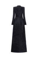 GVLUX midnight fireworks long sleeve gown showcasing a stylish, elegant design with vibrant fireworks pattern on soft fabric.