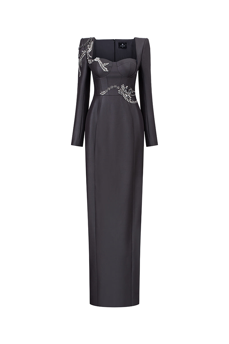 Gray sweetheart neckline gown by GVLUX featuring elegant flowing fabric and a fitted bodice, perfect for formal occasions.