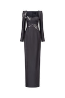 Gray sweetheart neckline gown by GVLUX featuring elegant flowing fabric and a fitted bodice, perfect for formal occasions.