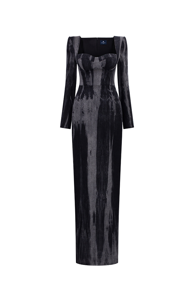 Elegant midnight blue long sleeve gown by GVLUX featuring flowing fabric and intricate design details.