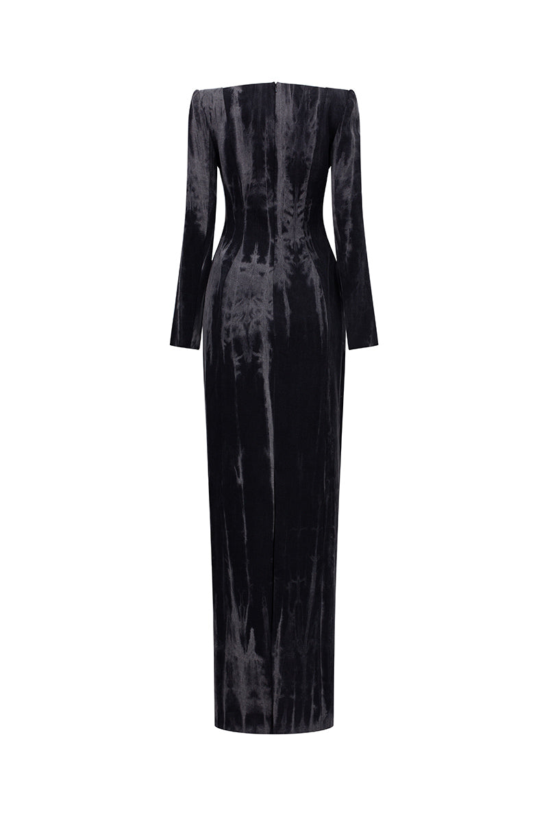 Elegant black long sleeve gown by GVLUX from the Midnight Illusions collection, featuring flowing fabric and intricate design details.