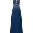 Navy high neck embroidered gown by GVLUX featuring intricate embroidery and elegant design, shown on a model.