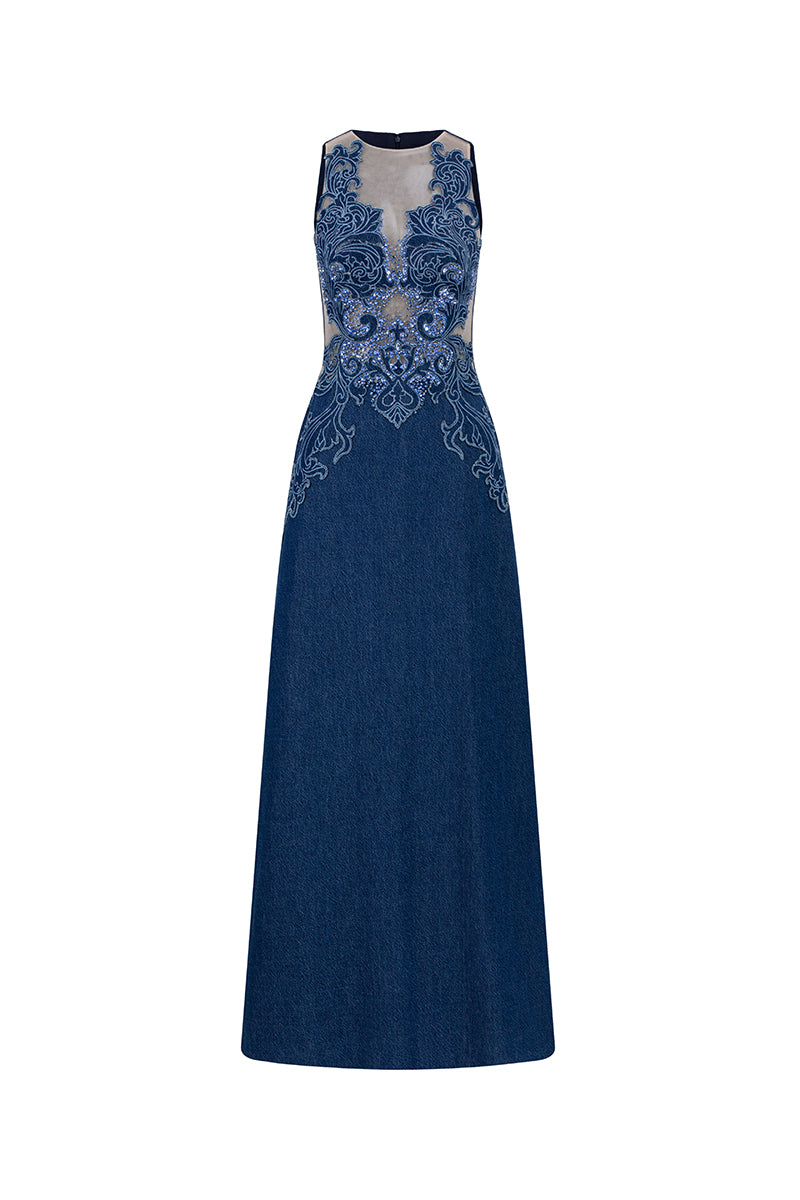 Navy high neck embroidered gown by GVLUX featuring intricate embroidery and elegant design, shown on a model.