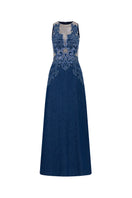 Navy high neck embroidered gown by GVLUX featuring intricate embroidery and elegant design, shown on a model.