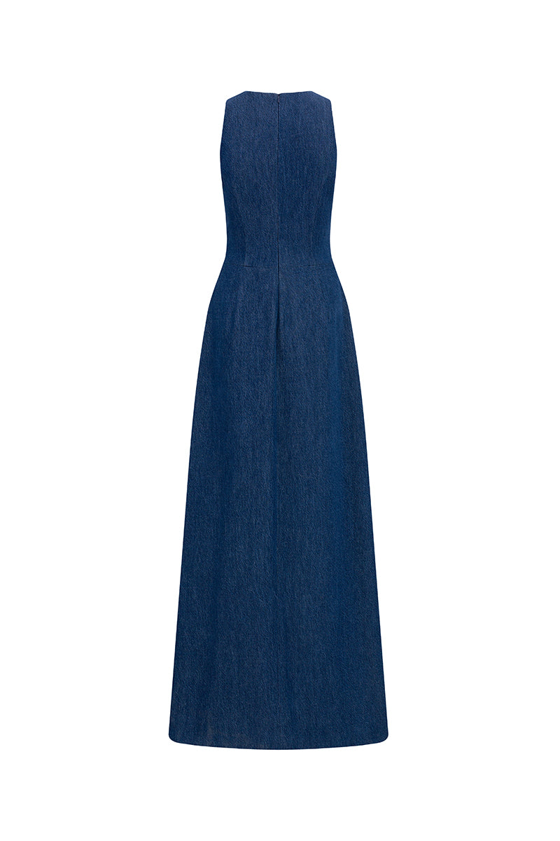 Navy embroidered high-neck gown by GVLUX featuring intricate embroidery and elegant design, displayed on a mannequin.