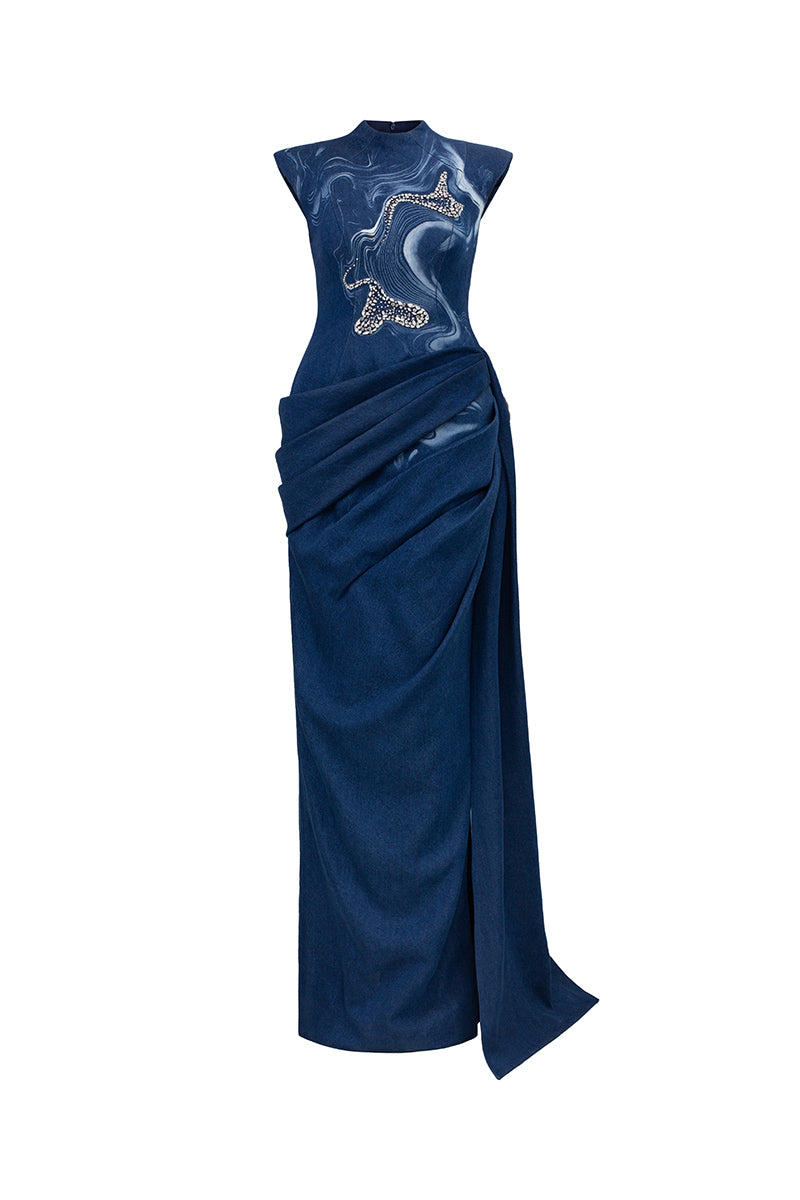 Elegant watercolor embroidery high neck gown by GVLUX, featuring intricate embroidery and a flowing silhouette.
