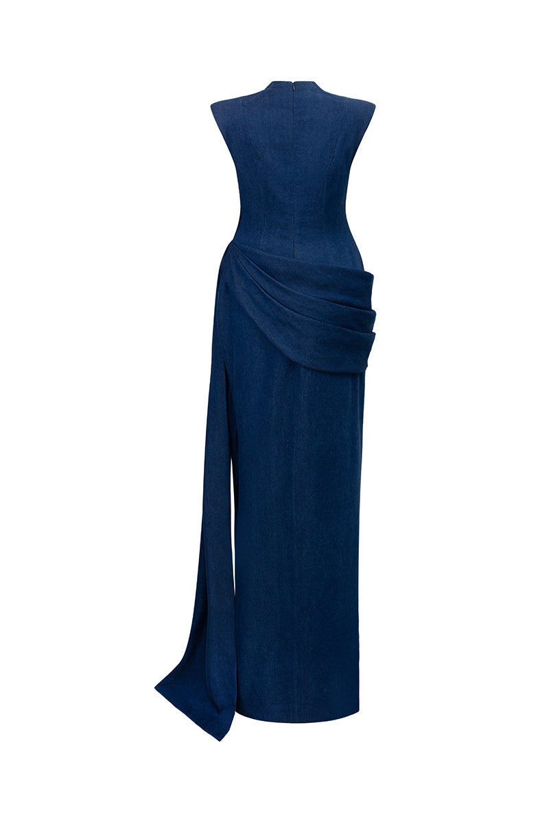 Elegant watercolor embroidered high neck gown by GVLUX, featuring intricate embroidery and a flowing silhouette.