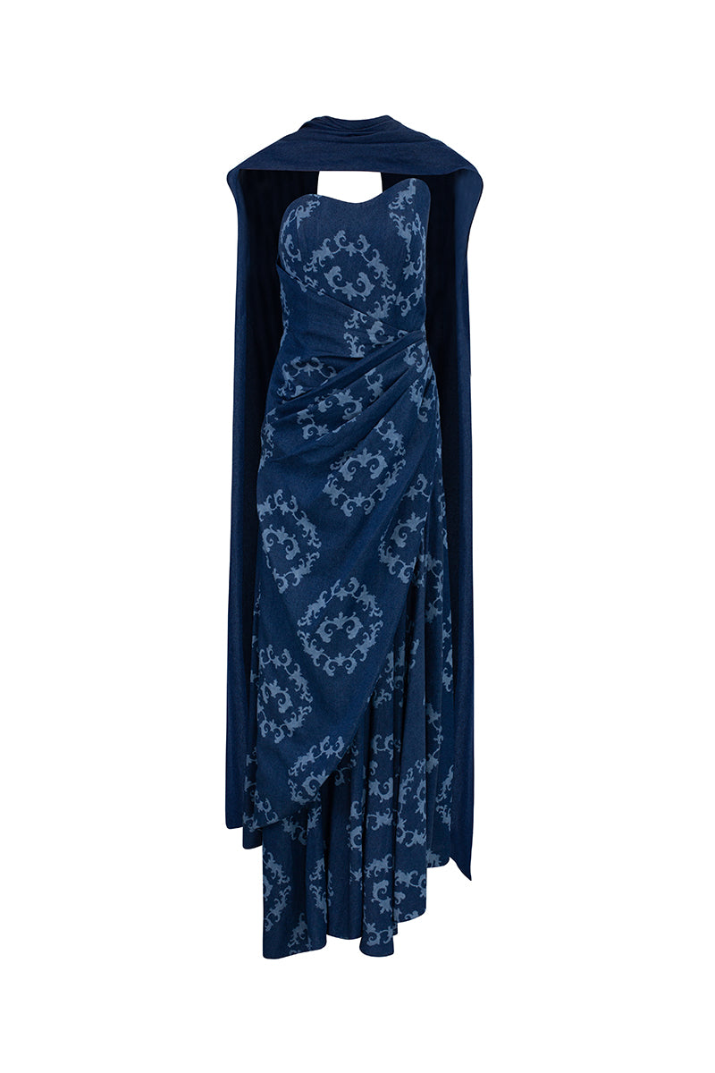 Navy blue CAPE NECK GOWN by GVLUX, elegant evening gown with cape detail, shown on a model in a formal setting.