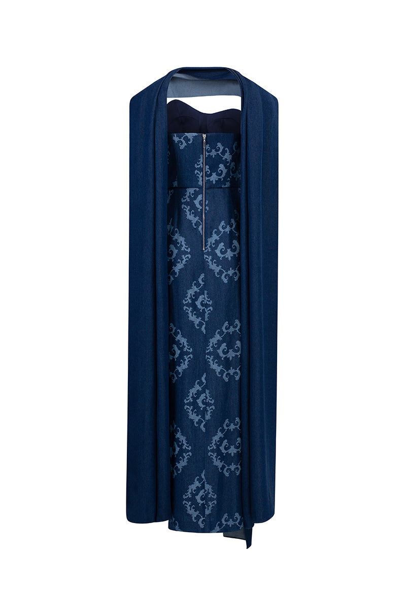 Navy cape neck gown by GVLUX featuring elegant flowing fabric and stylish design, perfect for formal occasions.