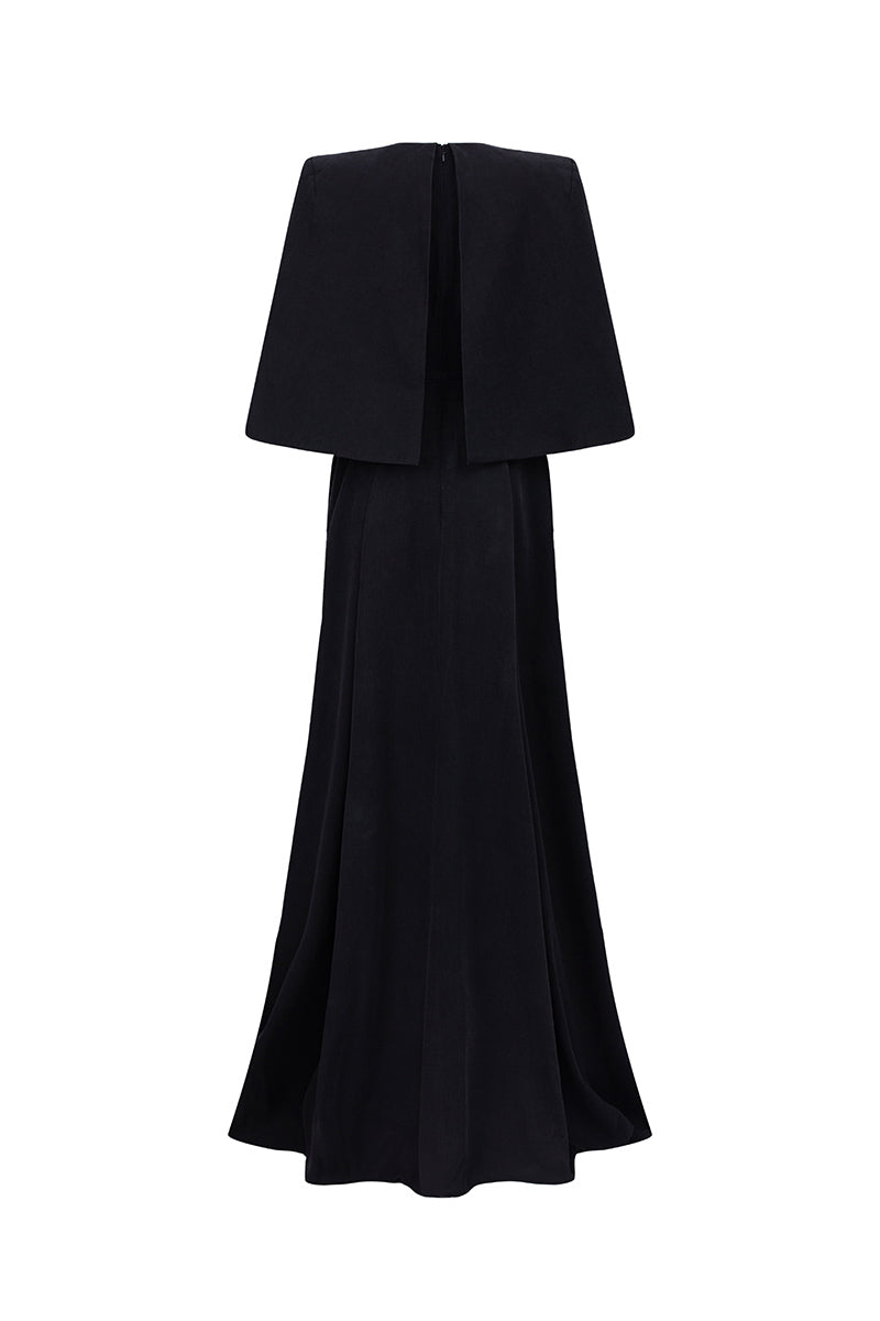 Elegant midnight firework pattern V-neck gown by GVLUX, featuring flowing fabric and intricate design, perfect for formal occasions.