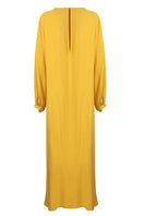 Bocan Couture Nora long buttoned saffron nightgown with long sleeves and a relaxed fit, displayed on a mannequin.