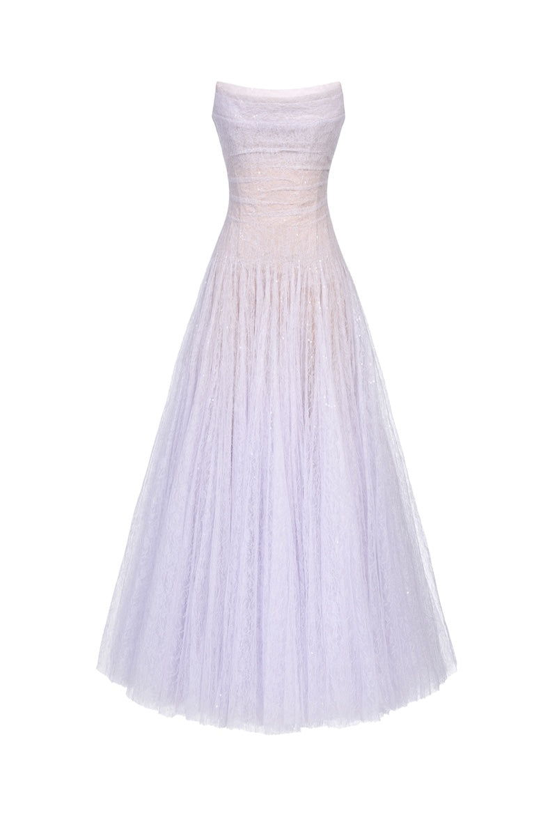 Elegant violet draped lace maxi dress by Montsand featuring a flowing silhouette and intricate lace details.