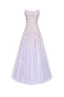Elegant violet draped lace maxi dress by Montsand featuring a flowing silhouette and intricate lace details.