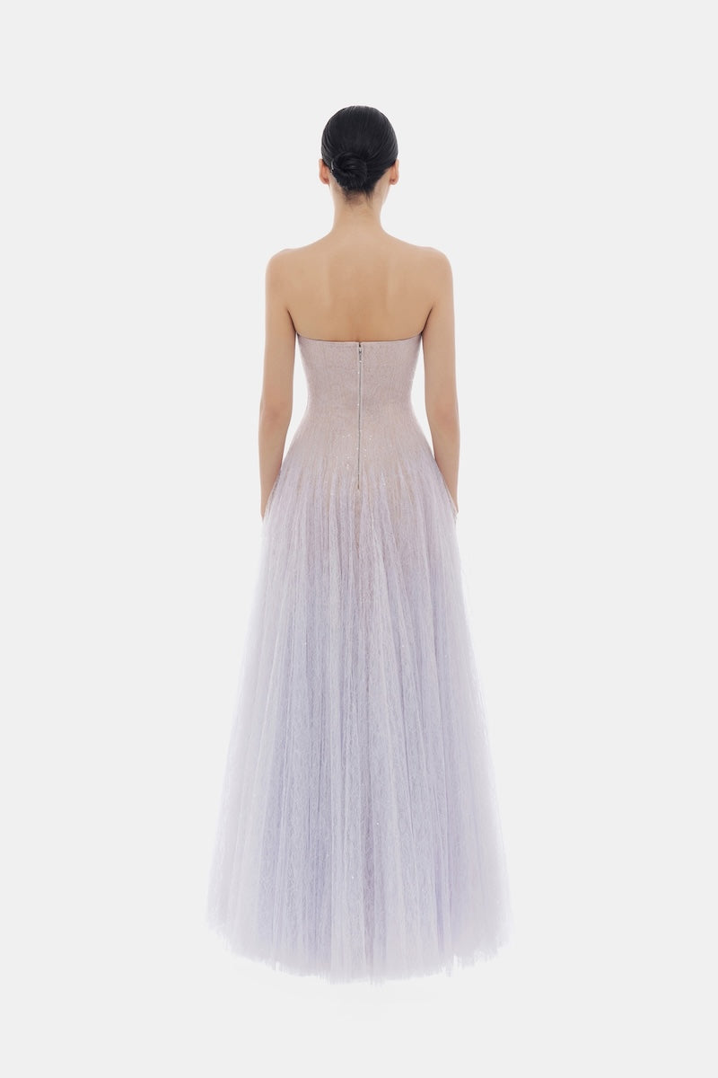 Elegant violet draped lace maxi dress by Montsand, featuring flowing fabric and intricate lace detailing.