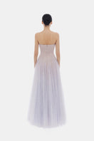 Elegant violet draped lace maxi dress by Montsand, featuring flowing fabric and intricate lace detailing.
