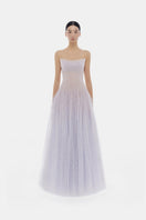 Elegant violet lace maxi dress with draped design by Montsand, featuring intricate lace details and flowing silhouette.